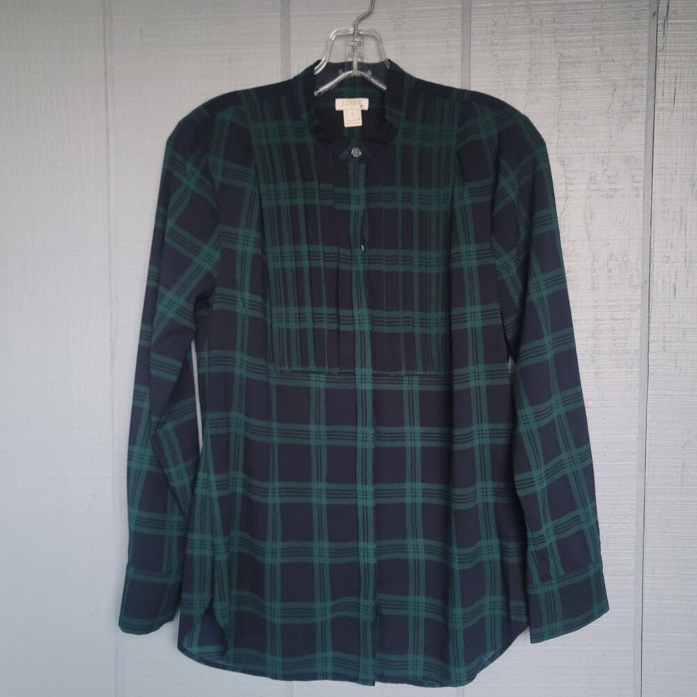 J.Crew Women's Navy-Green Plaid Pattern Long-Sleeve Popover Shirt-Blouse Size XS